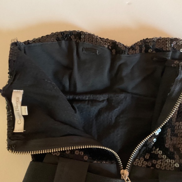 Costa Blanca Short Strapless Satin Black Dress with Sequin Top and Belt Size XS. - Picture 10 of 10